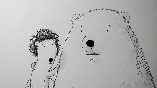   A b/w illustration of a bear w/ hedgehog's head & man's face