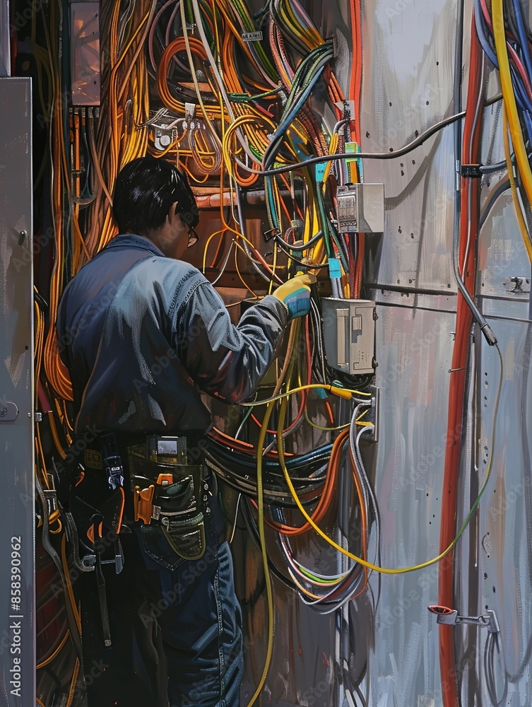 Aufkleber An electrician works on electrical wiring within an open wall, focusing on safety and technical aspects. Generative AI