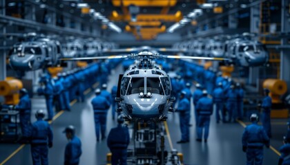Obraz premium Workers in blue uniforms assembling helicopters in a state-of-the-art manufacturing facility with advanced machinery and equipment.
