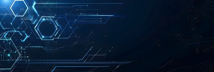 Obraz premium Dark blue background with white lines and hexagons for technology or digital design banner, vector illustration of abstract tech elements on dark blue backdrop.