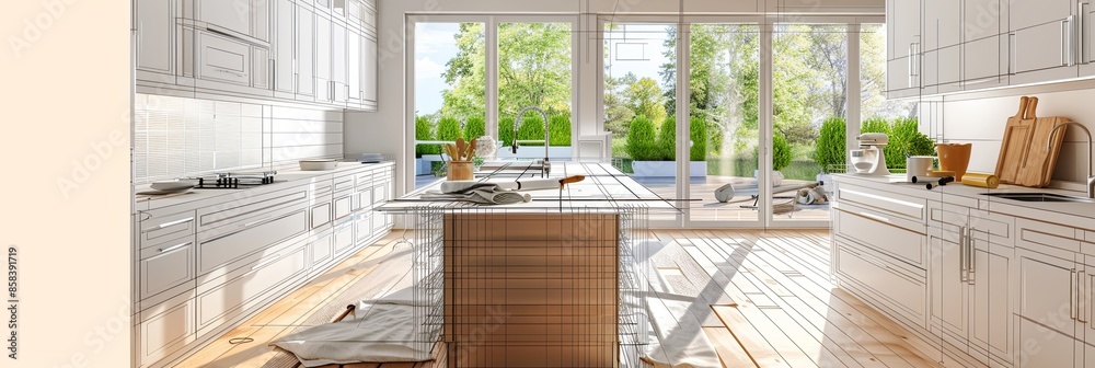 Poster a modern kitchen undergoing renovation with new cabinets and countertops being installed, showcasing