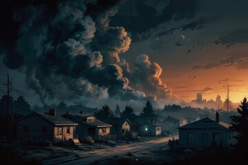old, destroyed city engulfed in fire in the background
