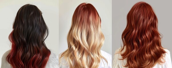 Fototapeta premium A row of hair with different colors, including black, red, and brown. The hair is styled in a way that makes it look like it's flowing down.