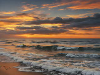 Obraz premium sunset on the beach clouds, coast, waves, landscape, cloud, dusk, nature, sand, wave, horizon, evening, summer, beautiful, travel,Ai generated 