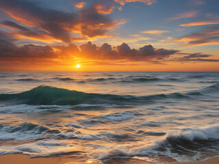 Naklejka premium sunset on the beach sunset, sea, sky, water, sunrise, sun, ocean, landscape, beach, nature, clouds, cloud, lake, reflection,Ai generated 