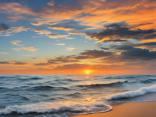 Obraz premium sunset on the beach sunrise, landscape, clouds, horizon, blue, sunlight,Ai generated 