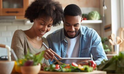 young black couple smiling while using an iPad to plan their meal together in the kitchen, surrounded by fresh vegetables, creating a joyful and intimate cooking experience