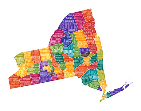 New York shape. State word cloud with county division. New York colored illustration. County names cloud. Vector illustration.