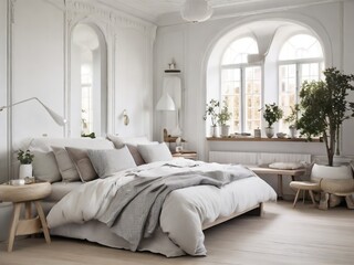 interior of luxury bedroom with white walls, wooden floor and big comfortable bed