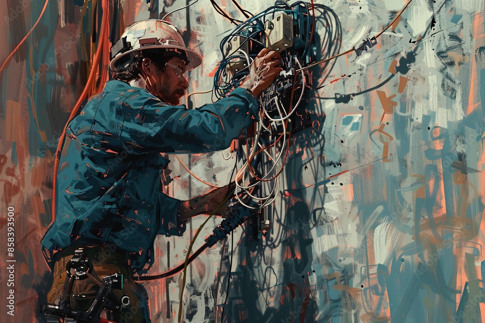 Poster an electrician wearing a hard hat works on a complex electrical system, with exposed wires, connecto