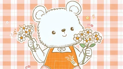  A white  bear holds flowers on a pink-and-white checkered tablecloth against a matching background