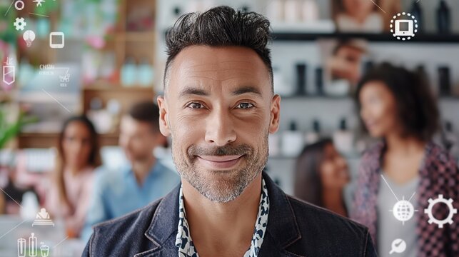cheerful man in business casual attire smiles confidently at the camera, surrounded by his diverse colleagues in an office with tech-themed digital graphics in the background