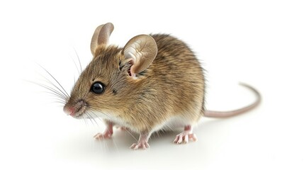 Close up of a house mouse standing sideways gazing forward and away from the camera isolated on white background