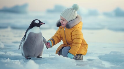 charming little girl in yellow jacket playing with penguin on Antarctica ice with vast snow-covered landscape in the background, capturing a moment of joy and adventure