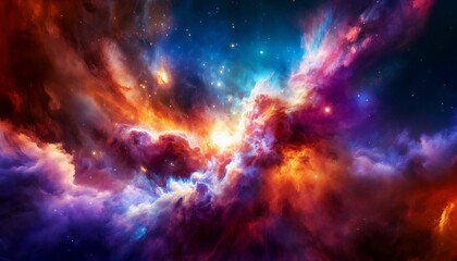 cosmic nebula with swirling clouds of gas and dust in hues of red, orange, purple, and blue. The scene is a breathtaking display of space phenomena, showcasing the beauty and mystery of the universe