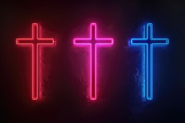 Three neon crosses illuminated against a dark background