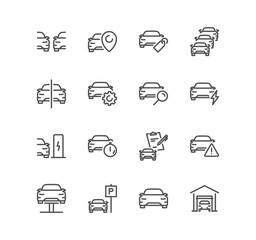 Set of car related icons, garage, inspection, dealership, stats comparing, tech reivew and linear variety vectors.
