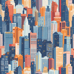 A seamless pattern of a vibrant cityscape with colorful skyscrapers and buildings.