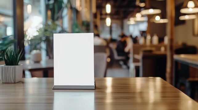 Blank white menu sign mockup on wooden table in a restaurant