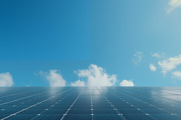 photovoltaic solar panels with bright sunlight and clouds