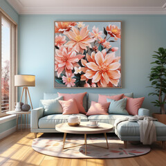 high ceiling blue living room with lot of light thru the big glass windows and big flowers painting art frame 