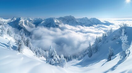 Obraz premium A stunning view of a mountain blanketed in snow, framed by trees in the foreground and wispy clouds in the sky