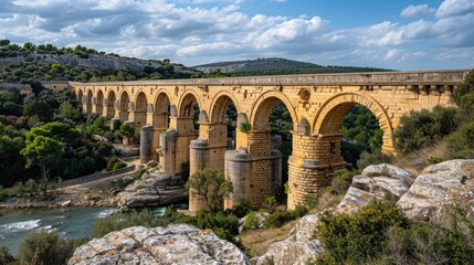Fototapeta premium A picturesque scene of a stone bridge spanning a river, with a majestic mountain in the background