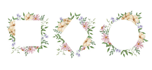 Frames with watercolor garden flowers and leaves set