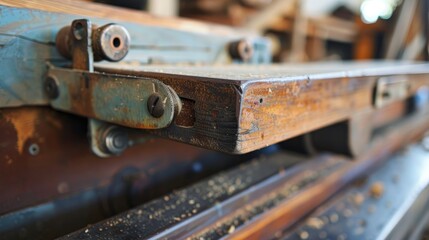 Close up of used planing machine lever in woodworking workshop carpentry industry concept
