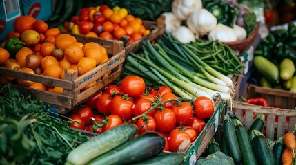 a display of vegetables and fruits in baskets on a table at a market stall