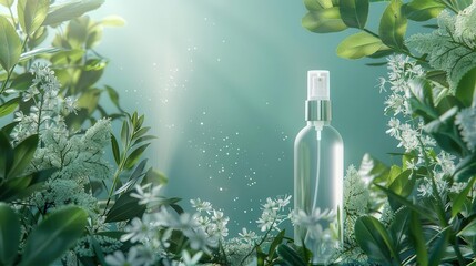 Glass spray bottle with natural foliage and sunlight background.