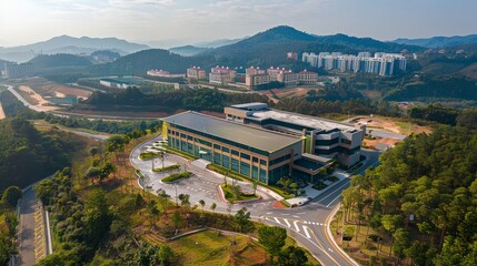Obraz premium a large building surrounded by trees and mountains in the background