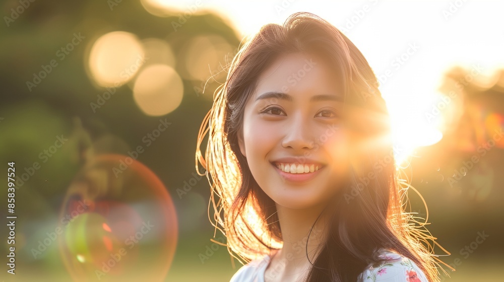 Wall mural a woman smiles as she stands in a field with sun shining behind her