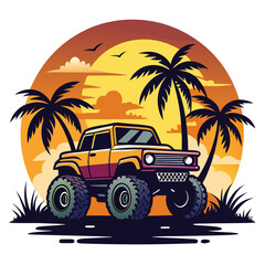 Vector art of synthase 4WD Monster Truck with pal trees and sunset, white background