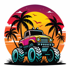Vector art of synthase 4WD Monster Truck with pal trees and sunset, white background