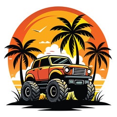 Vector art of synthase 4WD Monster Truck with pal trees and sunset, white background