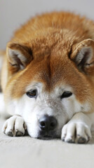 A dog is laying on a white surface with its head down, feeling bored