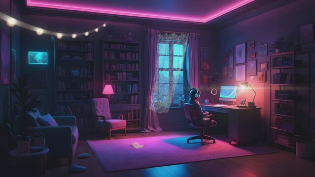 Cozy room at night with bookshelves and computers. Serene purple and blue hues create a focused ambiance