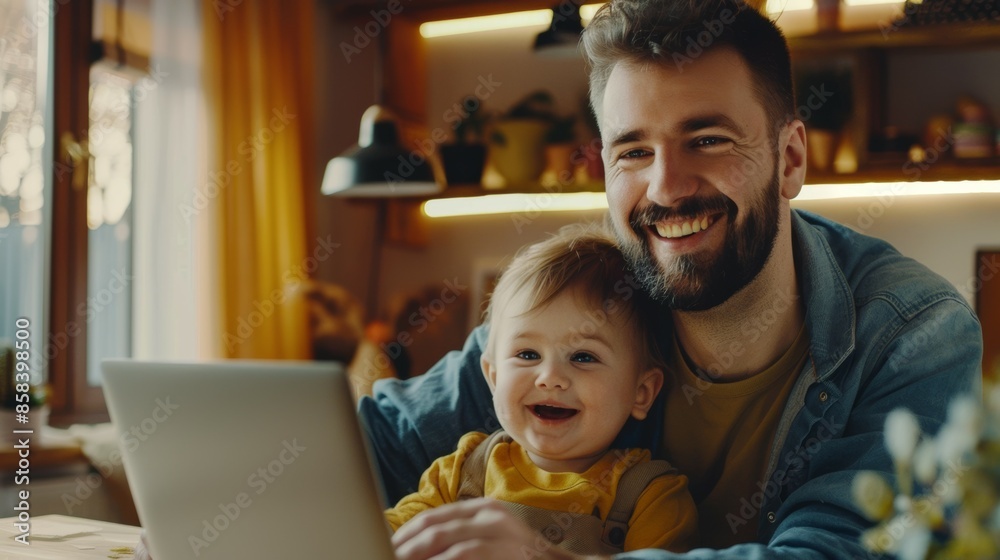 Poster A man and a baby are sitting together in front of a laptop