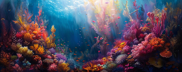 Beneath the waves, a vibrant world awaits, its coral reefs teeming with life in a riot of color and movement.