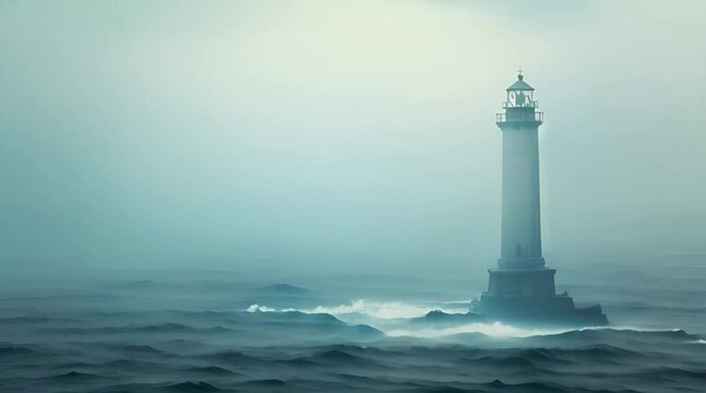 A lighthouse stands tall amid thick fog in the vast ocean on a gloomy day, A lighthouse standing tall against the endless ex
