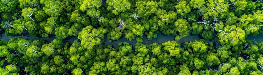 Aerial panorama of lush mangrove forest, top-down perspective.