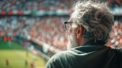 Obraz premium Aging man with eyeglasses observes football match from behind.