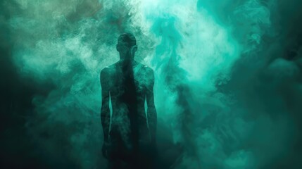 A person surrounded by a thick cloud of smoke, possibly in a smoking room or after an explosion