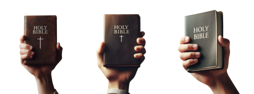 Set of hands holding up the Holy Bible. Preacher preaching the gospel concept. Religion and faith. 