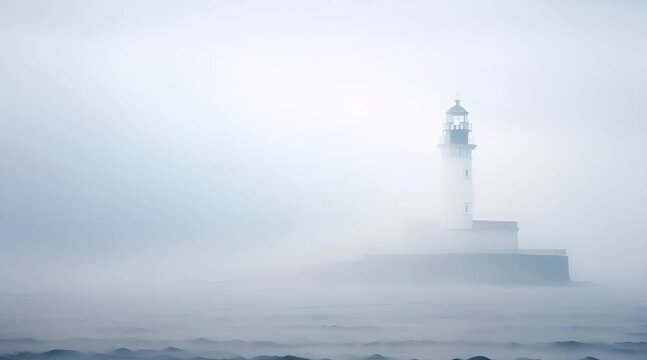 A lighthouse stands tall amid thick fog in the vast ocean on a gloomy day, A lighthouse standing tall against the endless ex