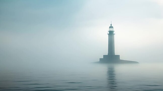 A lighthouse stands tall amid thick fog in the vast ocean on a gloomy day, A lighthouse standing tall against the endless ex
