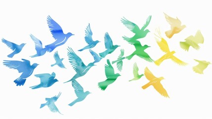 Obraz premium Birds of various colors in flight against a white background.