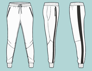 Flat Sketch Vector Illustration of Ski Sweat Jogger Pants Design, Front and Back View, Activewear Track Pants Concept for Running, Jogging, and Fitness.