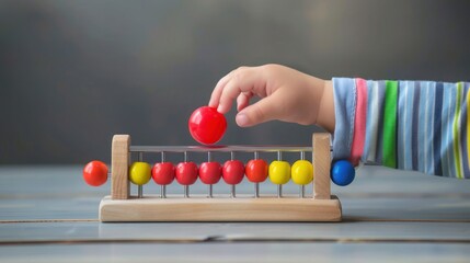 A child's hand moving a red ball on an abacus, depicting the learning and development of mathematical skills with a playful touch with minimalist style